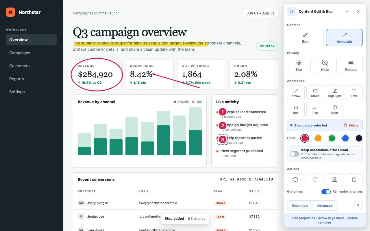 A dashboard annotated with a highlighted sentence, circled metric, arrow and three numbered steps