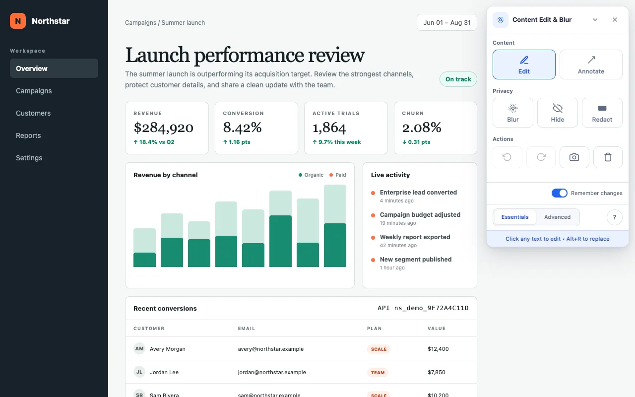 Content Edit and Blur in Edit mode with a dashboard headline changed to Launch performance review